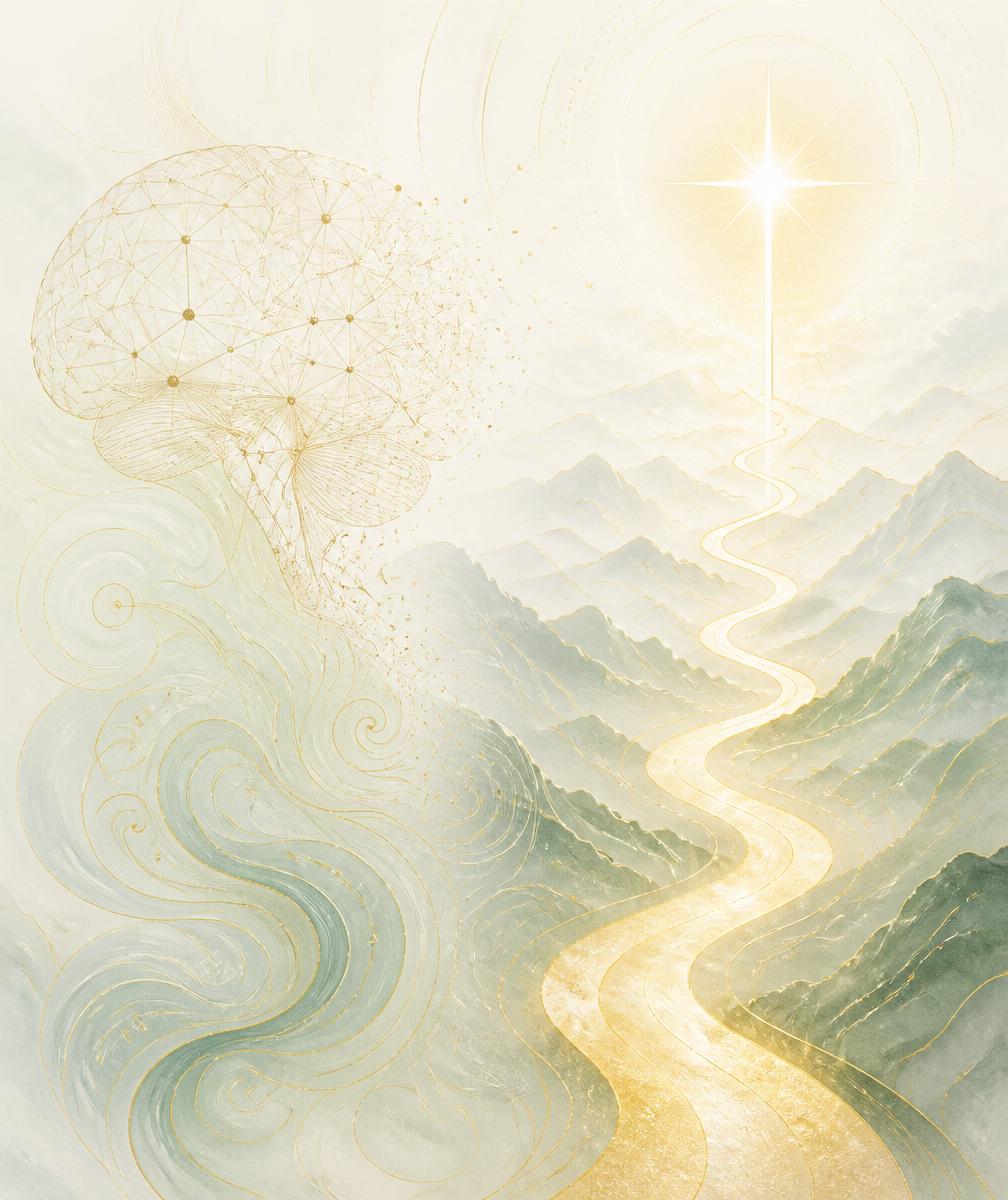 Illustration abstraite du parcours de Nour : cerveau en constellation de lignes dorées et chemin lumineux traversant des reliefs, dans des tons clairs sauge et or